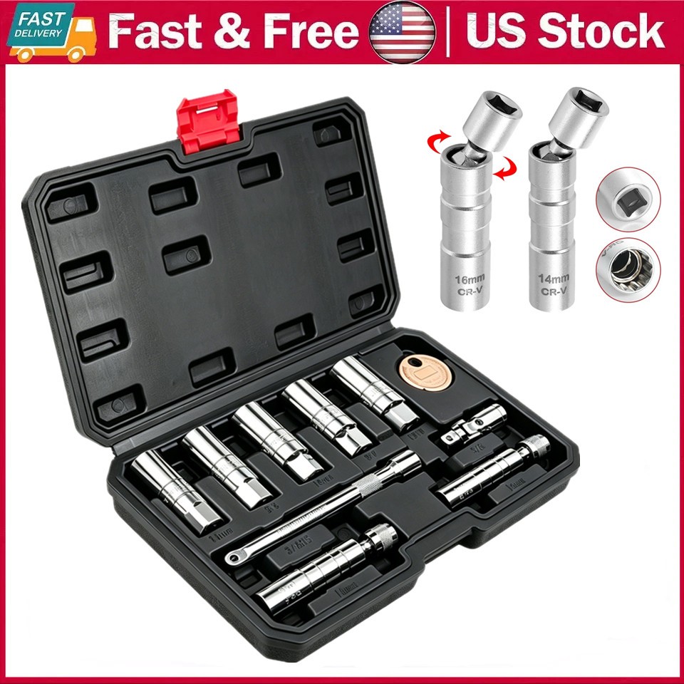 10PCS 3/8″Drive Magnetic Spark Plug Socket Set 5/8″-13/16» 14mm 16mm CR-V Steel