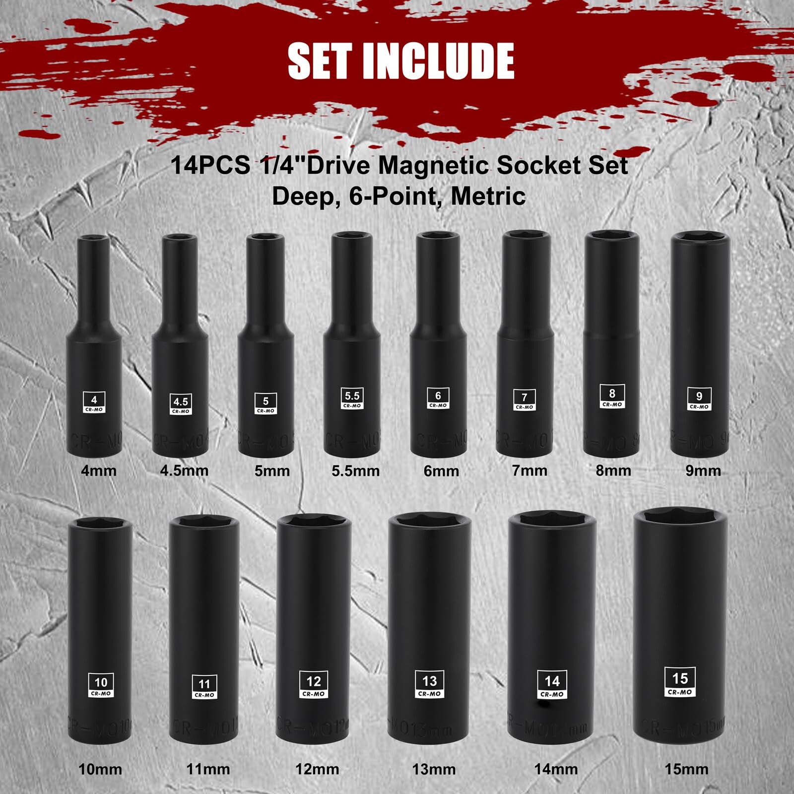 14PCS 1/4″Drive Magnetic Impact Socket Set Deep 6-Point Metric 4mm to 15mm CR-MO