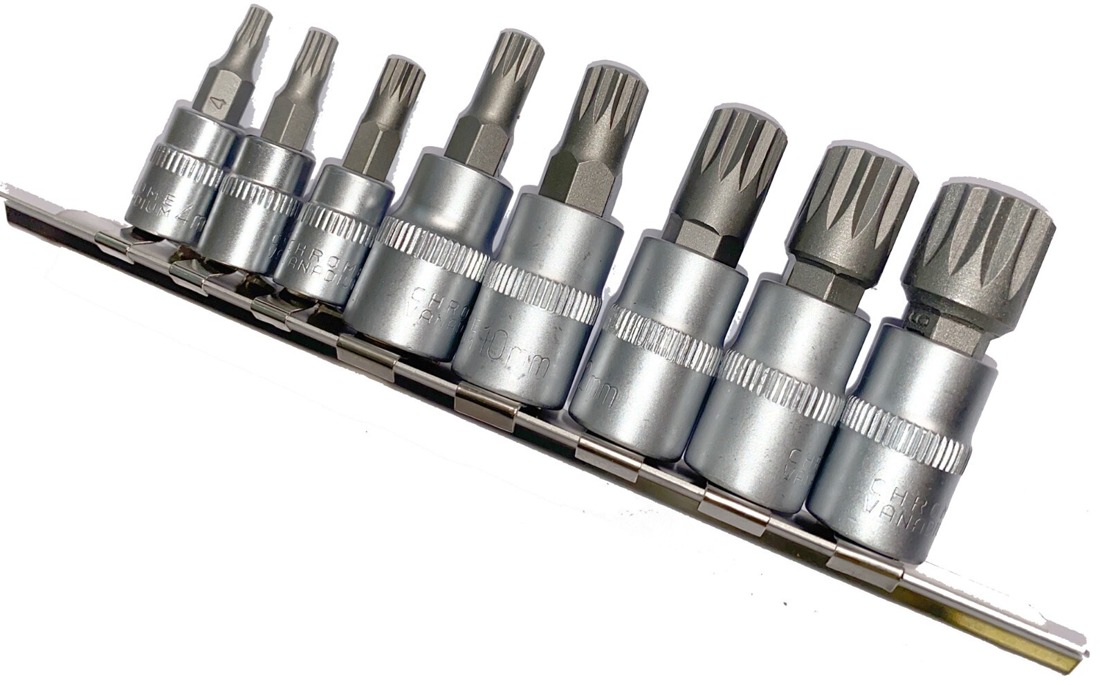 8pc Spline Socket Bit Set Chrome Vanadium BITS3/8″ & 1/4″d M4 M6 M8 M10 M14 M16