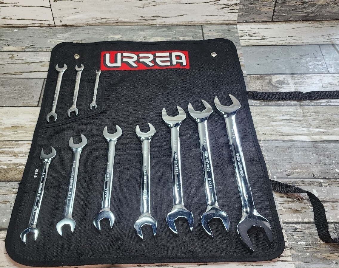Urrea 10 Piece SAE Open End Wrench Set Hanging And Roll up Carrier 1/4″ – 1″