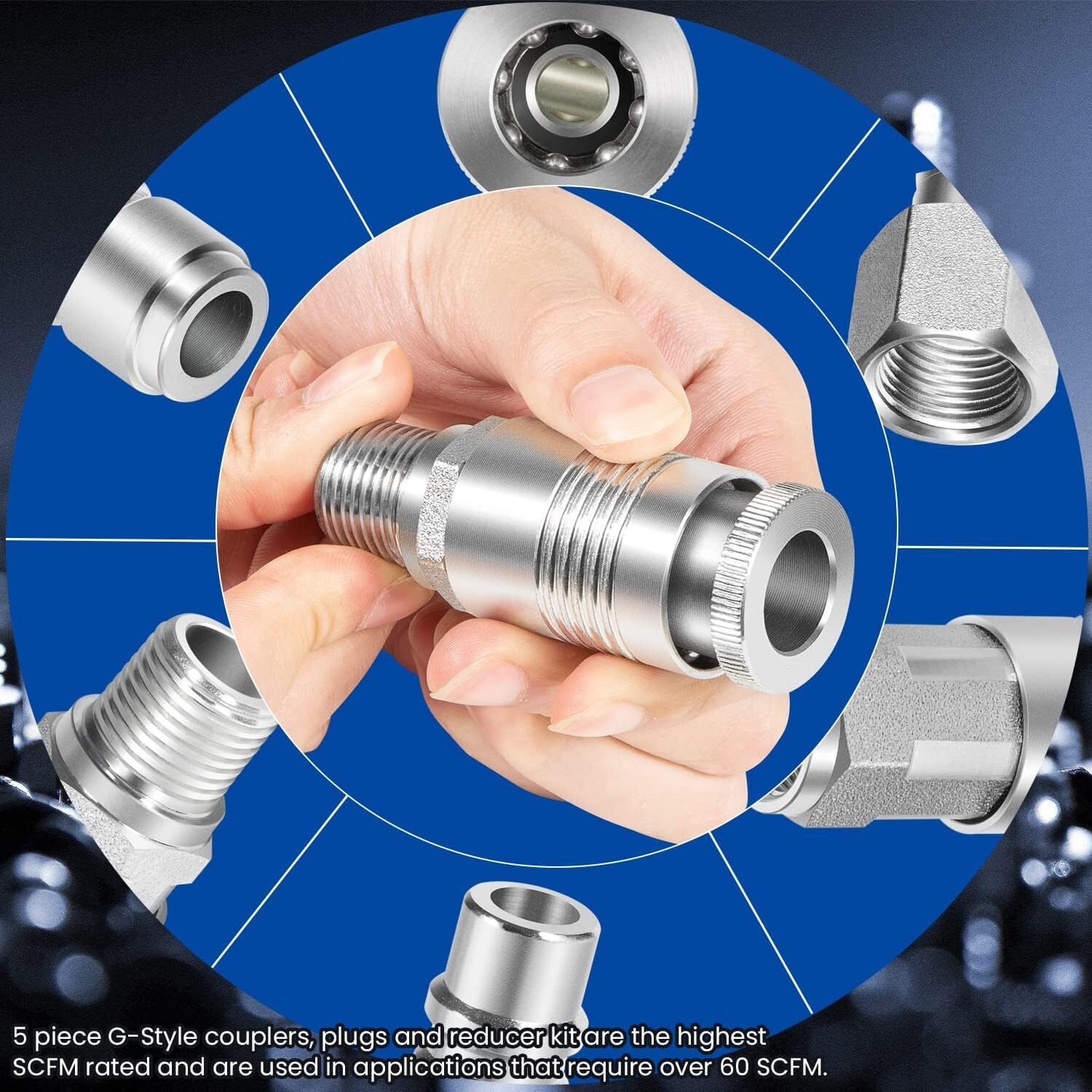 5 piece 1/2-Inch NPT G Style Coupler Plug and Air hose Reducer Bushing Kit S-224