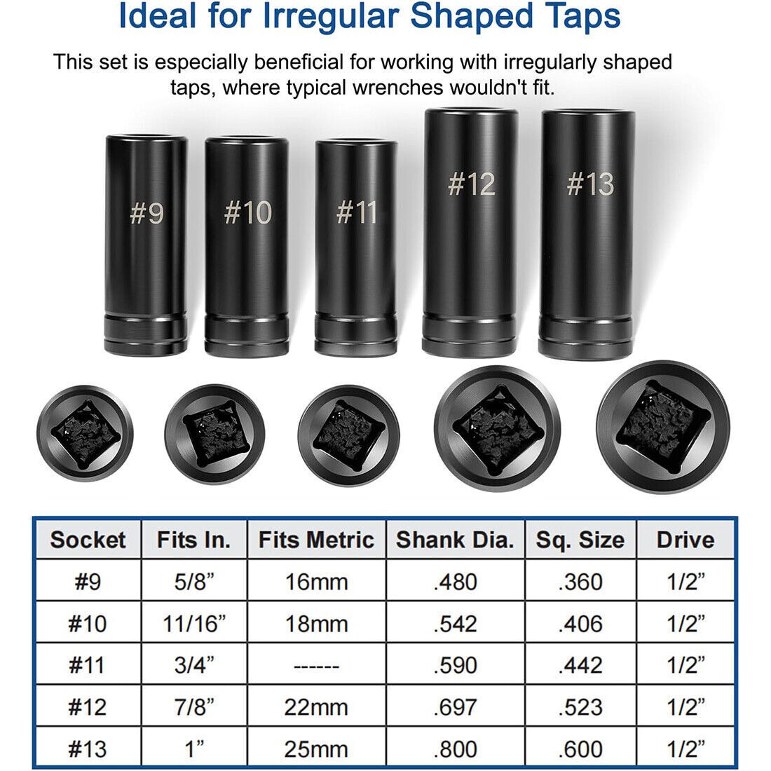 5Pcs Black 71670 Large Tap Socket Set Fits 5/8″, 11/16″, 3/4″, 7/8″ & 1″ Taps