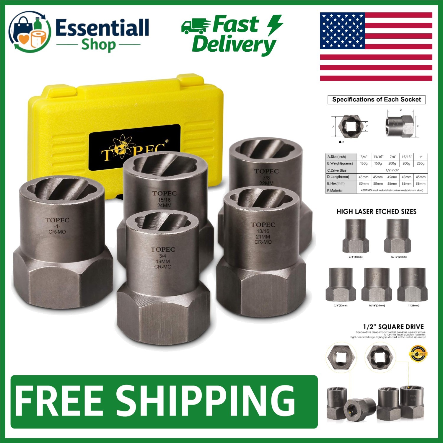 1/2″ Drive Impact Extractor Set – 5-Piece Tool Kit for Stubborn Bolts