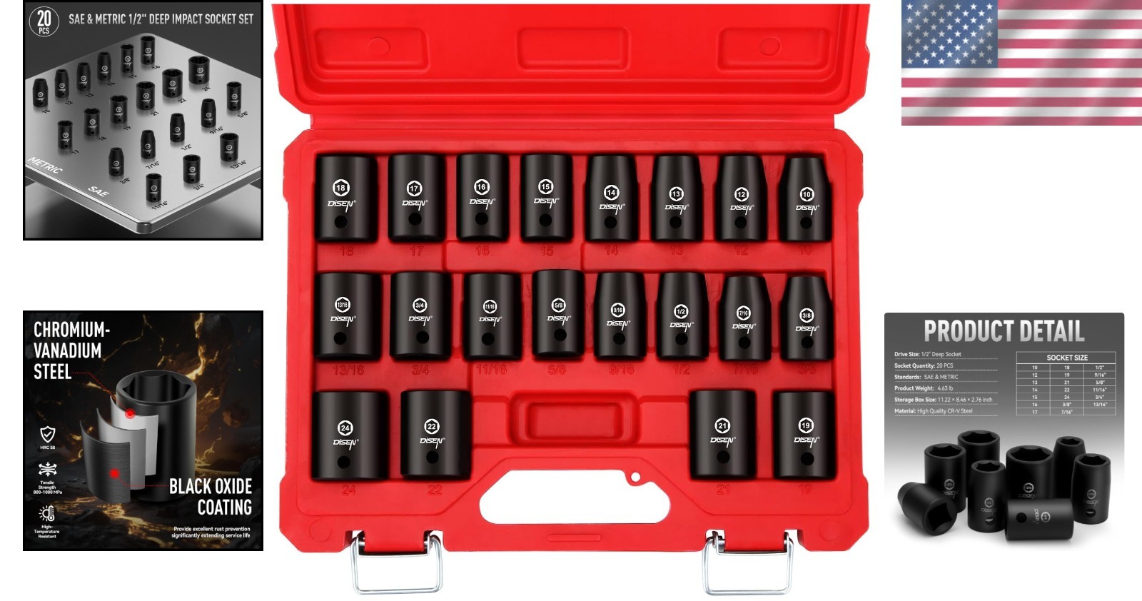 Professional 20-Piece 1/2″ Impact Socket Set – 6-Point Cr-V Steel Quality