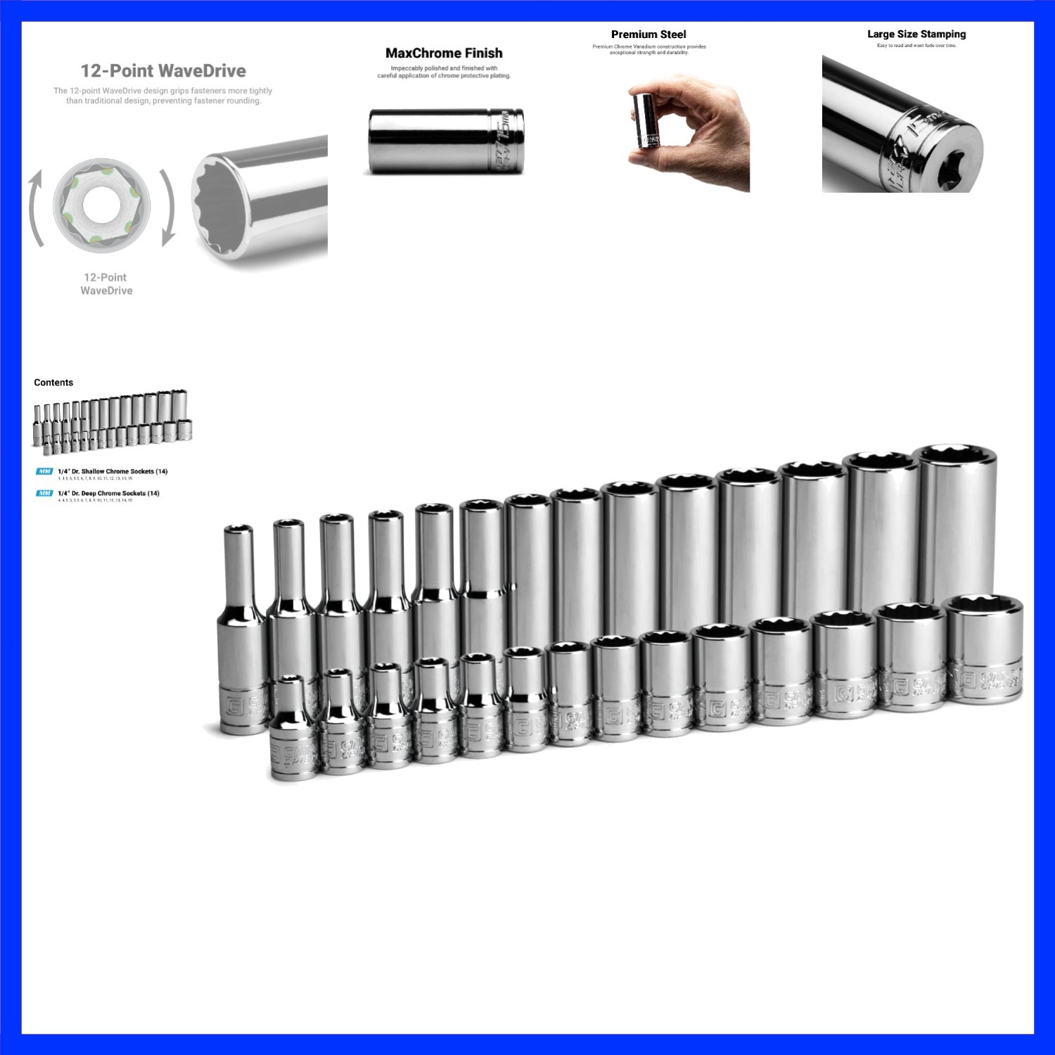 1/4 in. Drive 12-Point Shallow and Deep Socket Set, Metric, 4 to 15 mm, 28-Piece