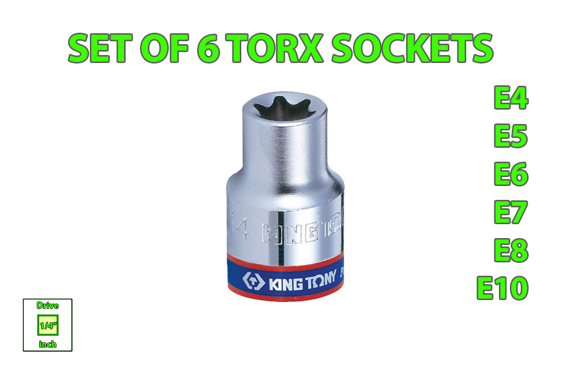(Set of 6) 1/4” Drive Star Sockets Outside Torx KING TONY 1/4 inch Drive
