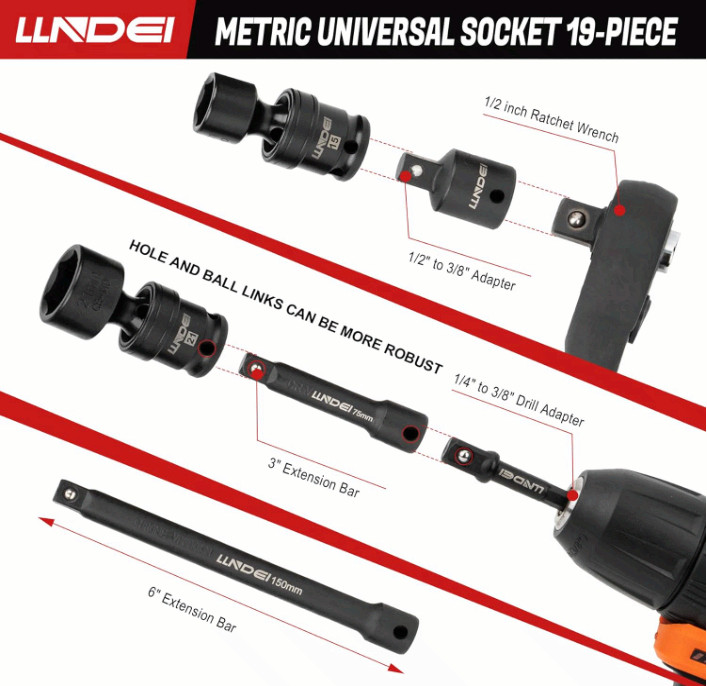 3/8″ Universal Impact Socket Set, 19PCS Metric Swivel Sockets CR-MO Kit