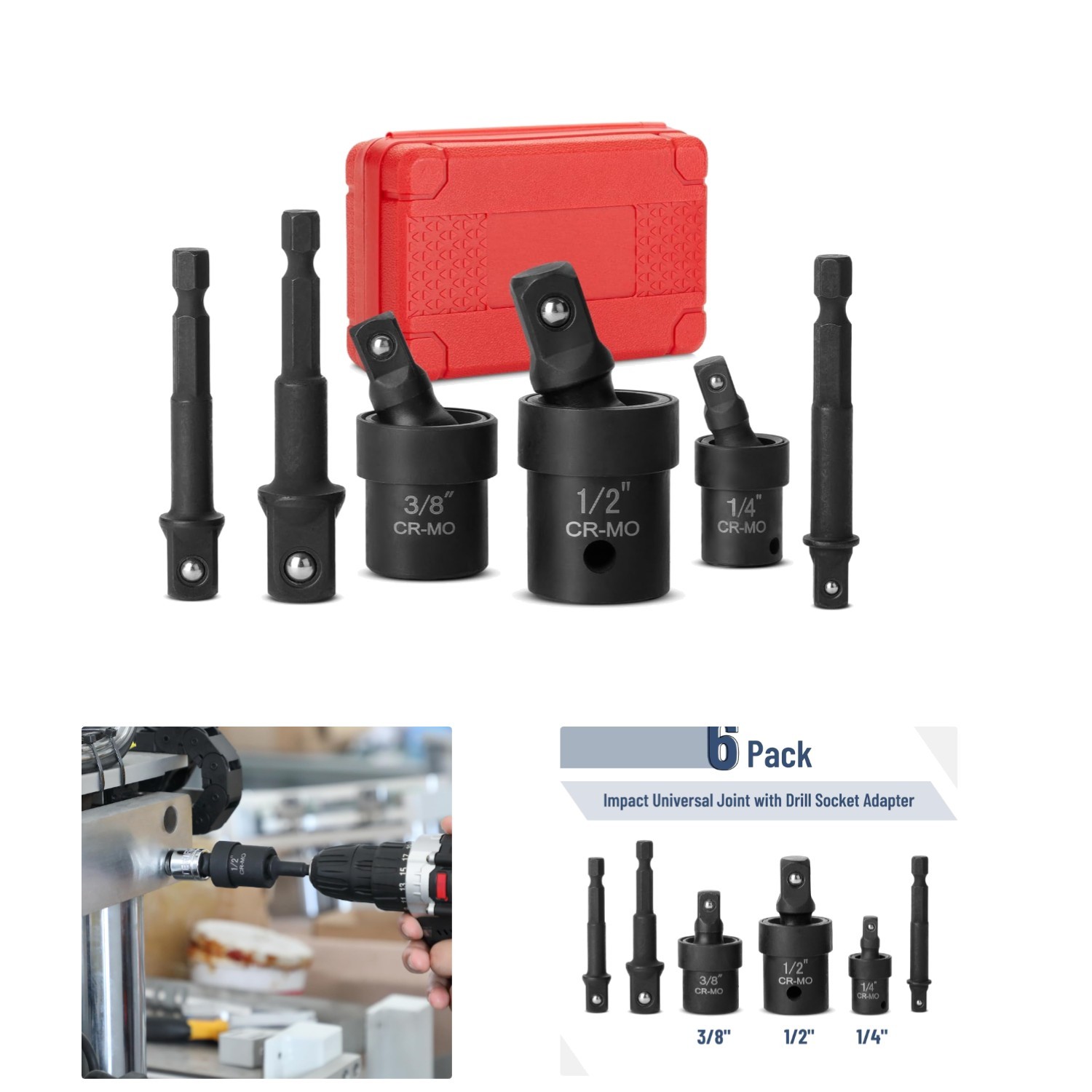 Bates 6-Piece Impact Universal Joint Socket Adapter Set – Durable Chrome Steel