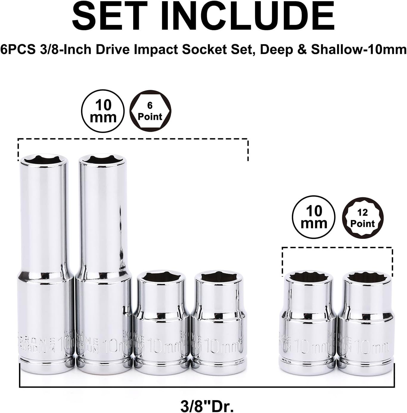 3/8-Inch Drive 6-Piece Impact Socket Set with Corrosion-Resistant Chrome Finish