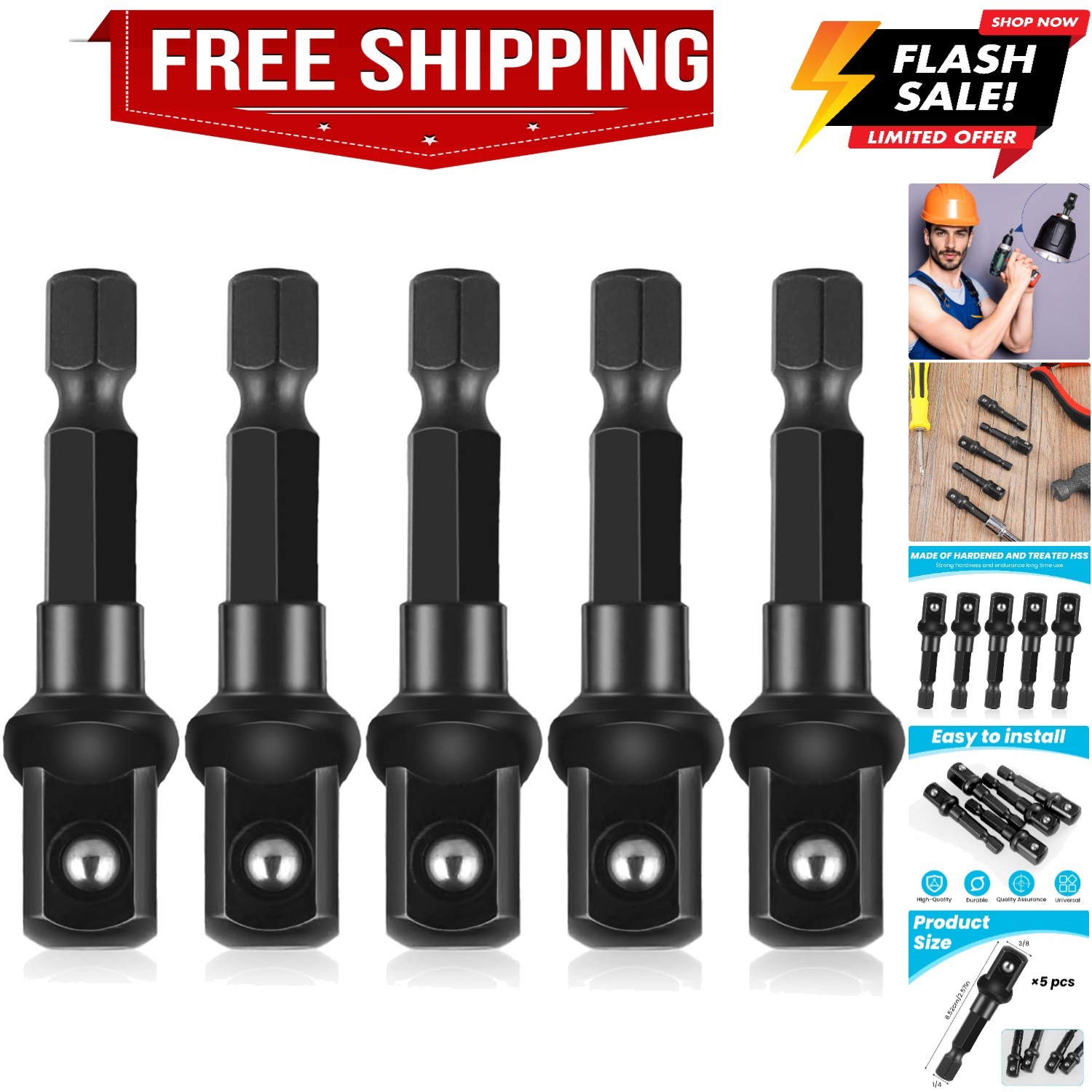3/8 Adapter For Impact Driver 5pcs Black Drill Socket Adapter 1/4 Inch To 3/8…