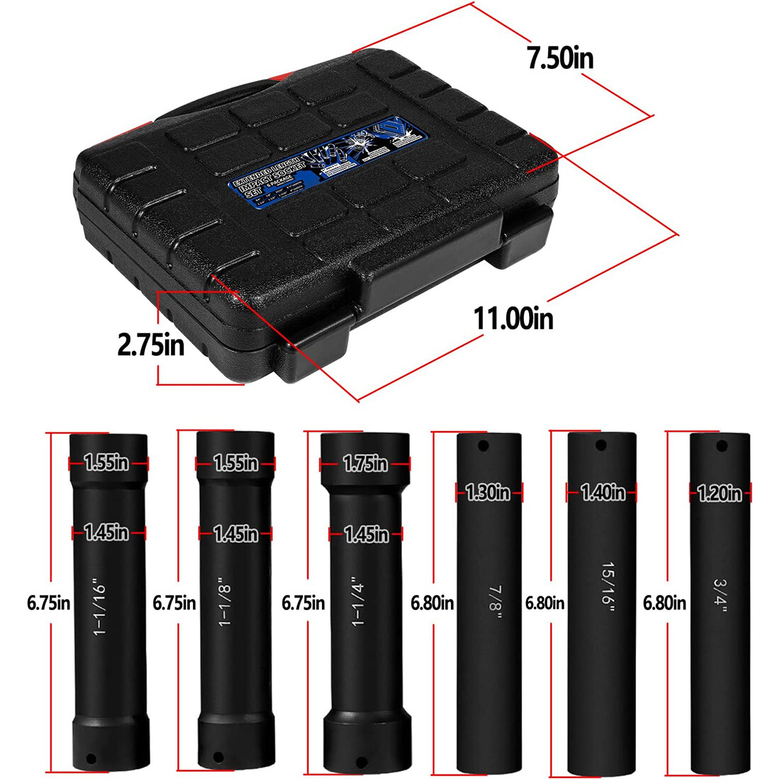 1/2» Drive Heavy Duty Extended Length Extra-Deep Length Impact Socket Set 6PCS