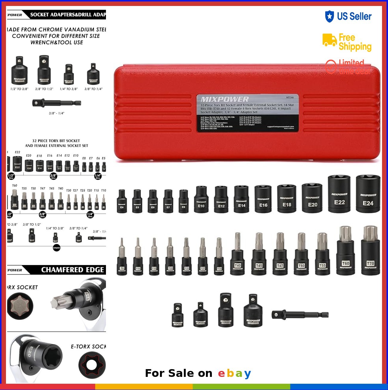 32 Piece Torx Bit Socket Set Star Bits E-Torx Sockets CR-V S2 Alloy Steel