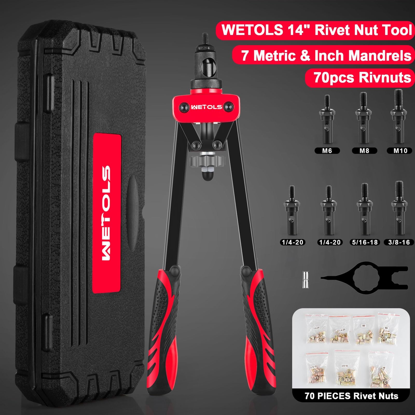 14″ Rivet Nut Tool Kit Nutsert Gun w/ 7 Mandrels & 70 Rivnuts Case Set