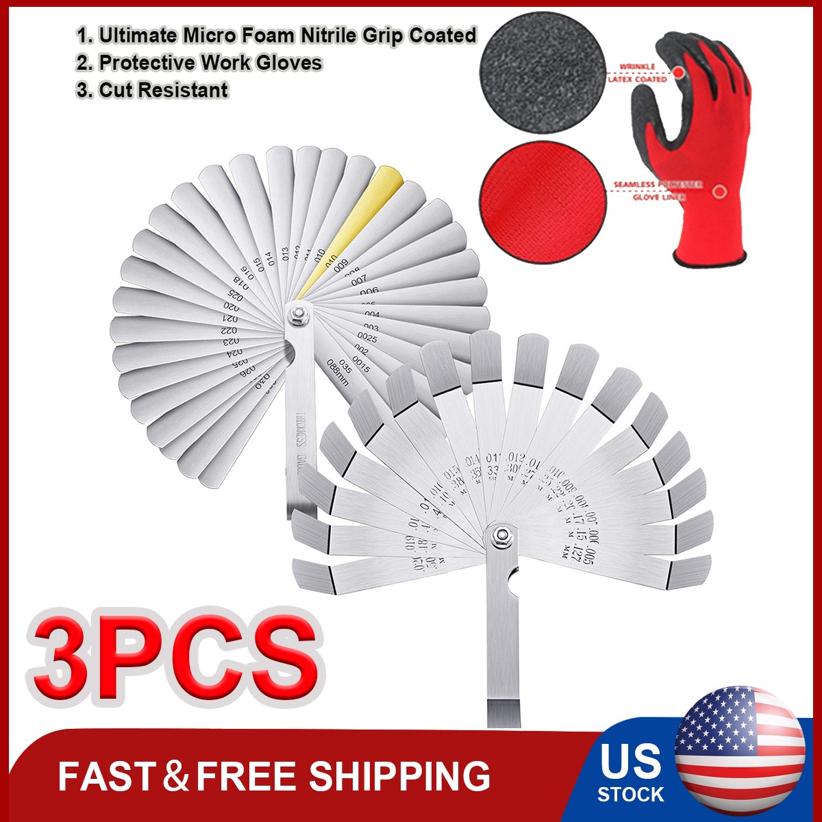 Feeler Gauge Set 3pcs Stainless Steel 32 Straight 16 Offset Blades SAE Metric