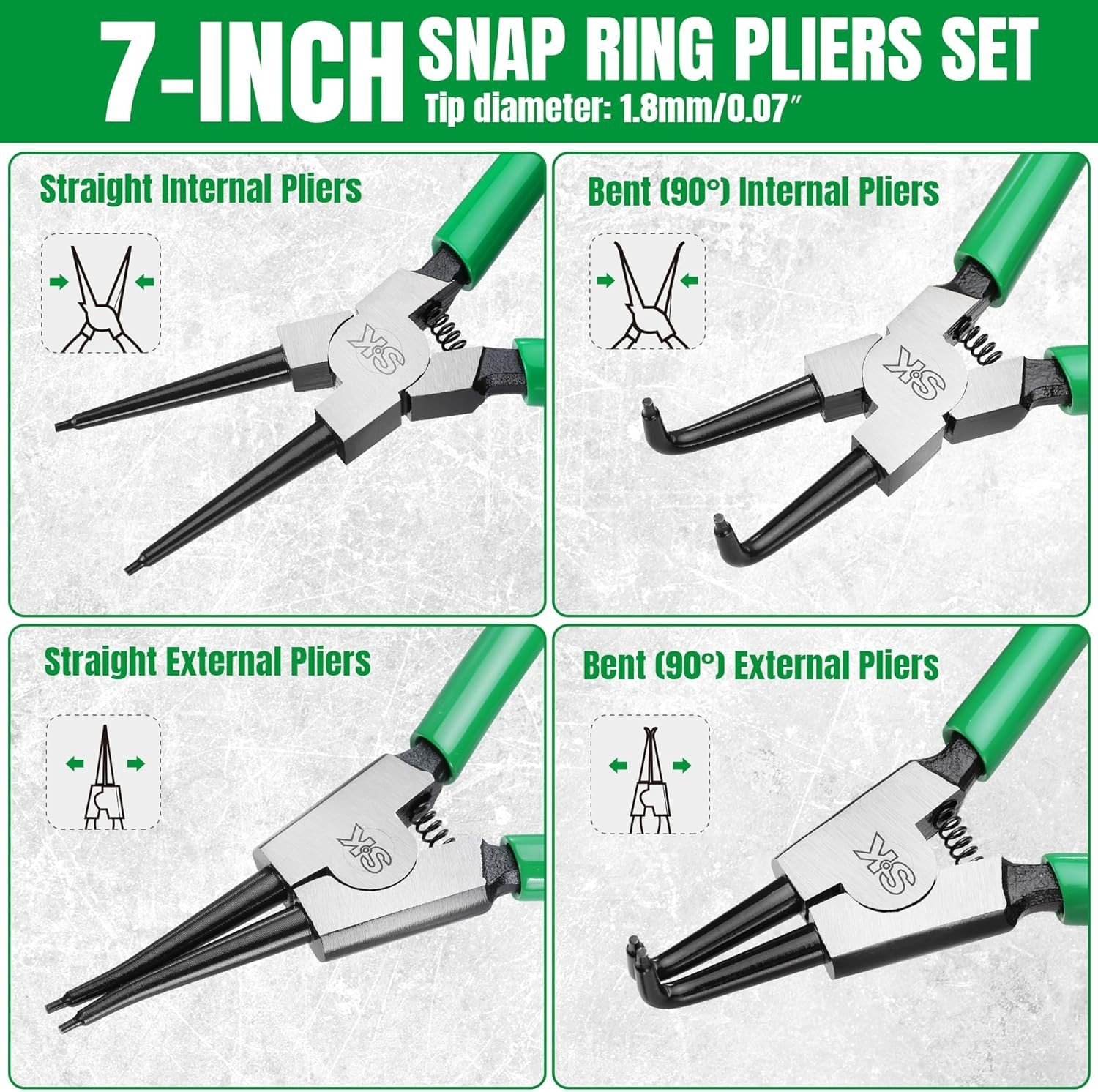 SK 4PCS Snap Ring Pliers Set, 7» Internal/External Circlip Pliers, CR-V Steel