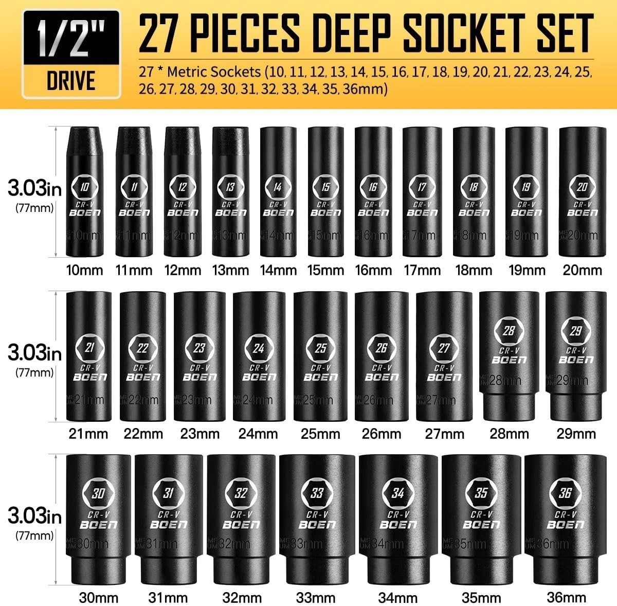 Precision 27PCS Metric Deep Socket Set with Laser Markings and Portable Case