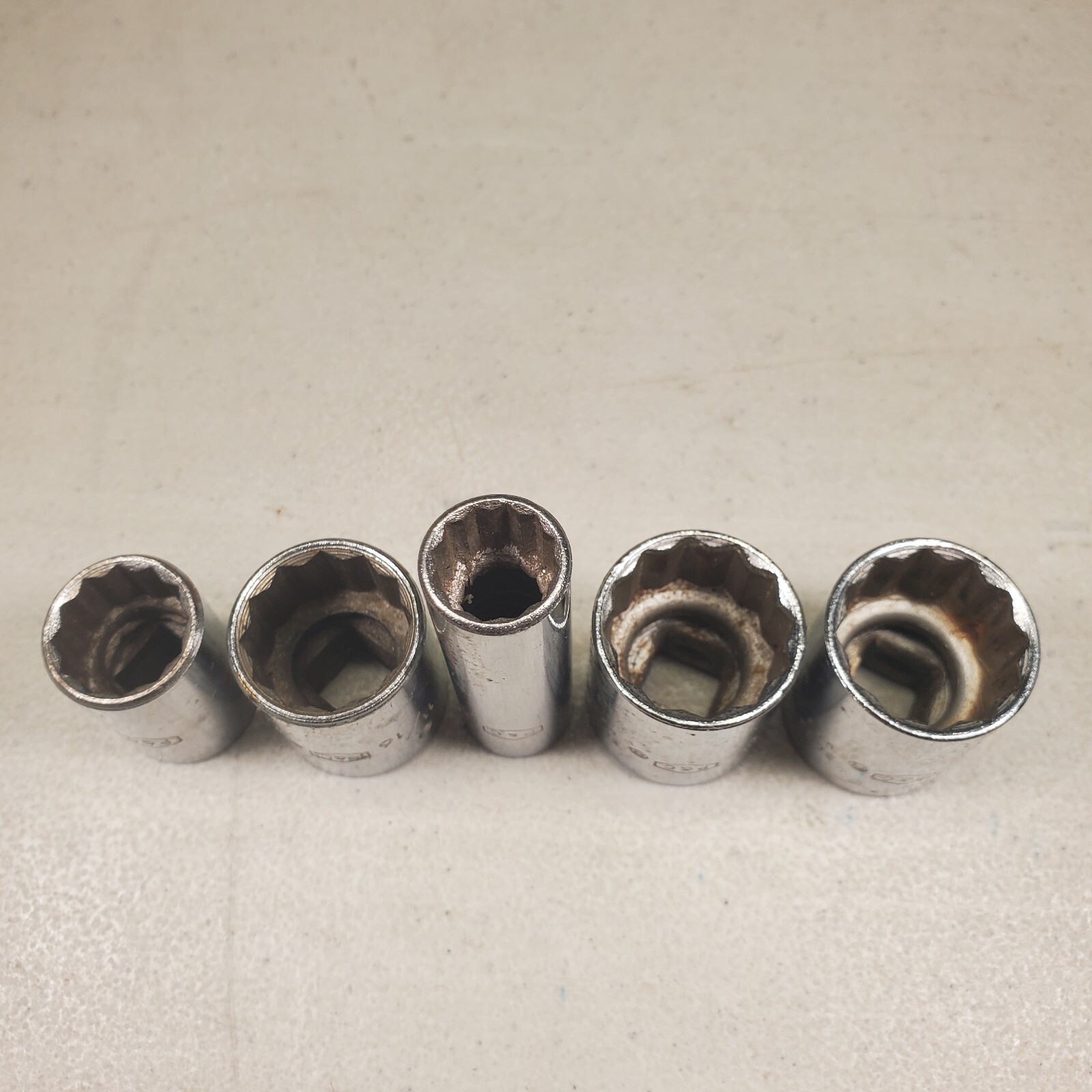 P&C 3/8” Drive 12Pt. Lot of (5) Sockets 7/16, 9/16, 11/16, 3/4 x2, U.S.A. VTG