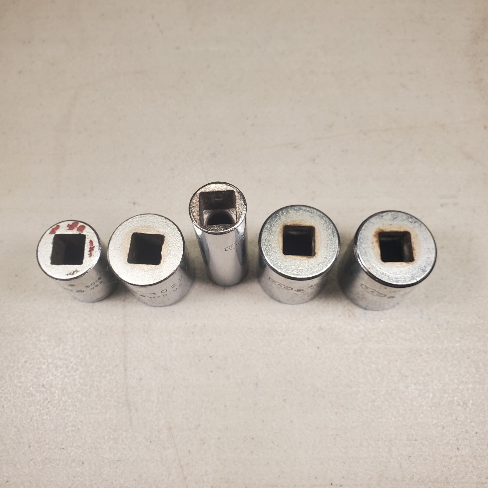 P&C 3/8” Drive 12Pt. Lot of (5) Sockets 7/16, 9/16, 11/16, 3/4 x2, U.S.A. VTG
