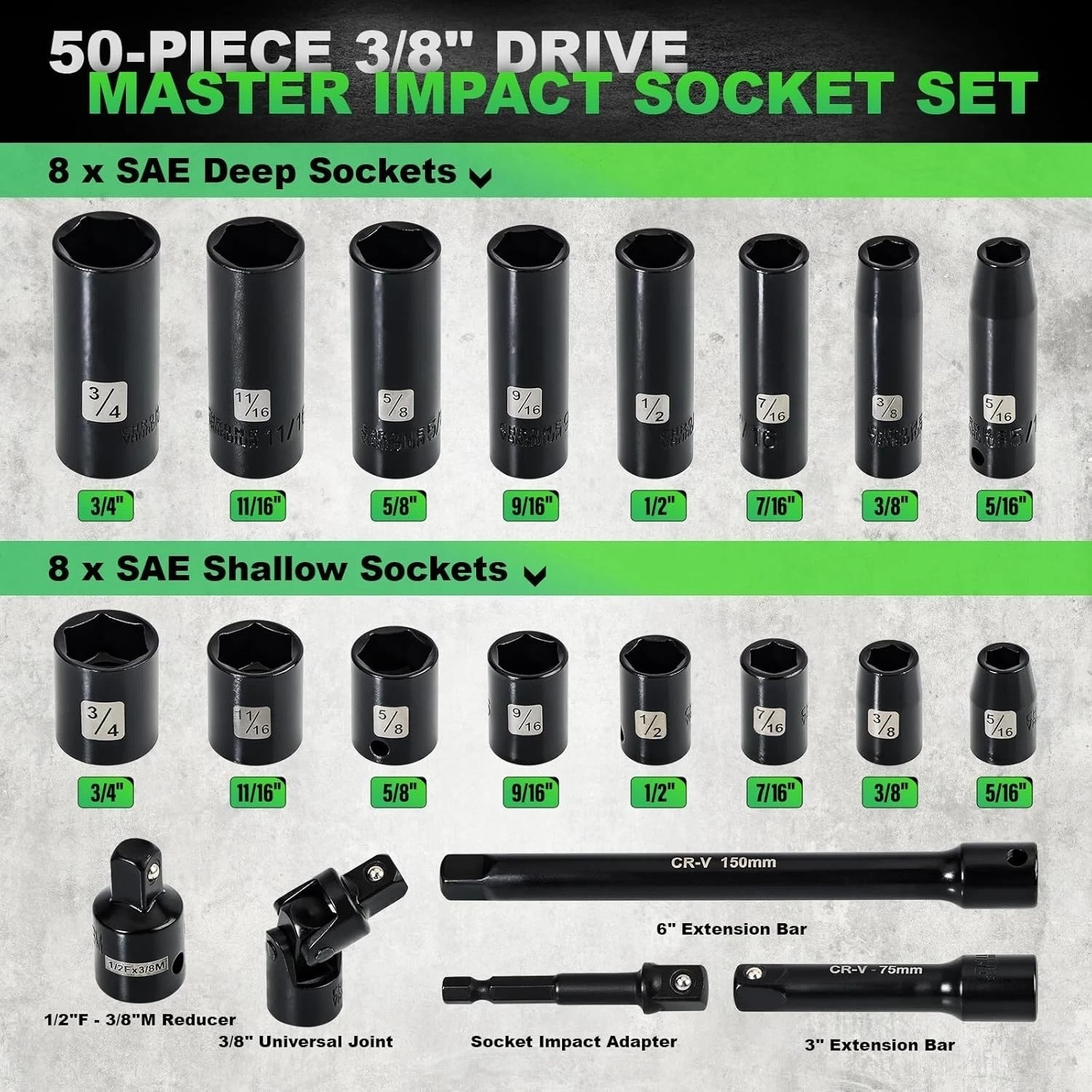 3/8″ Drive Impact Socket Set, 50 Piece Standard SAE 5/16 to 3/4 inch and Metr…