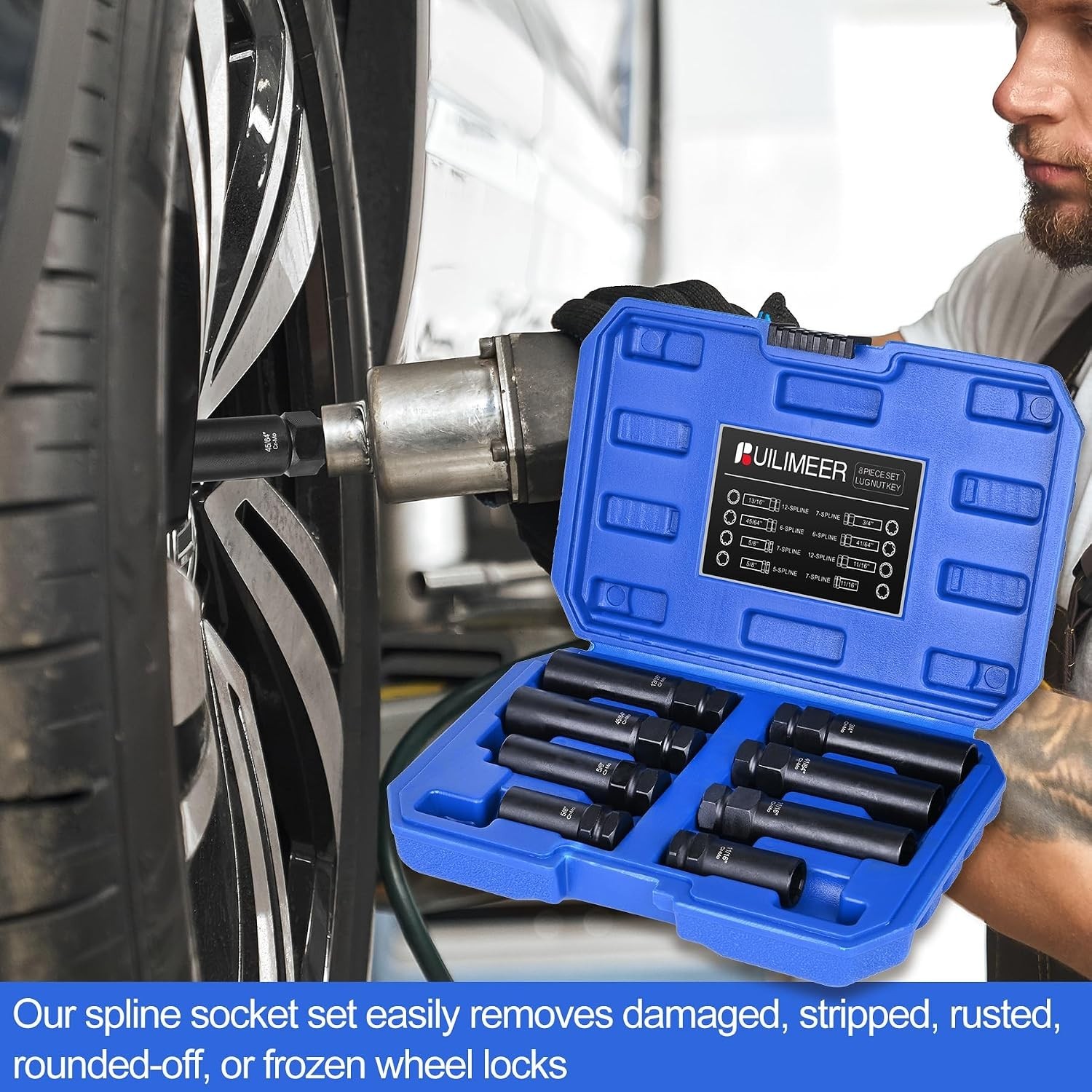8-Piece Spline Lug Nut Socket Set for Effortless Removal – Durable and Portable