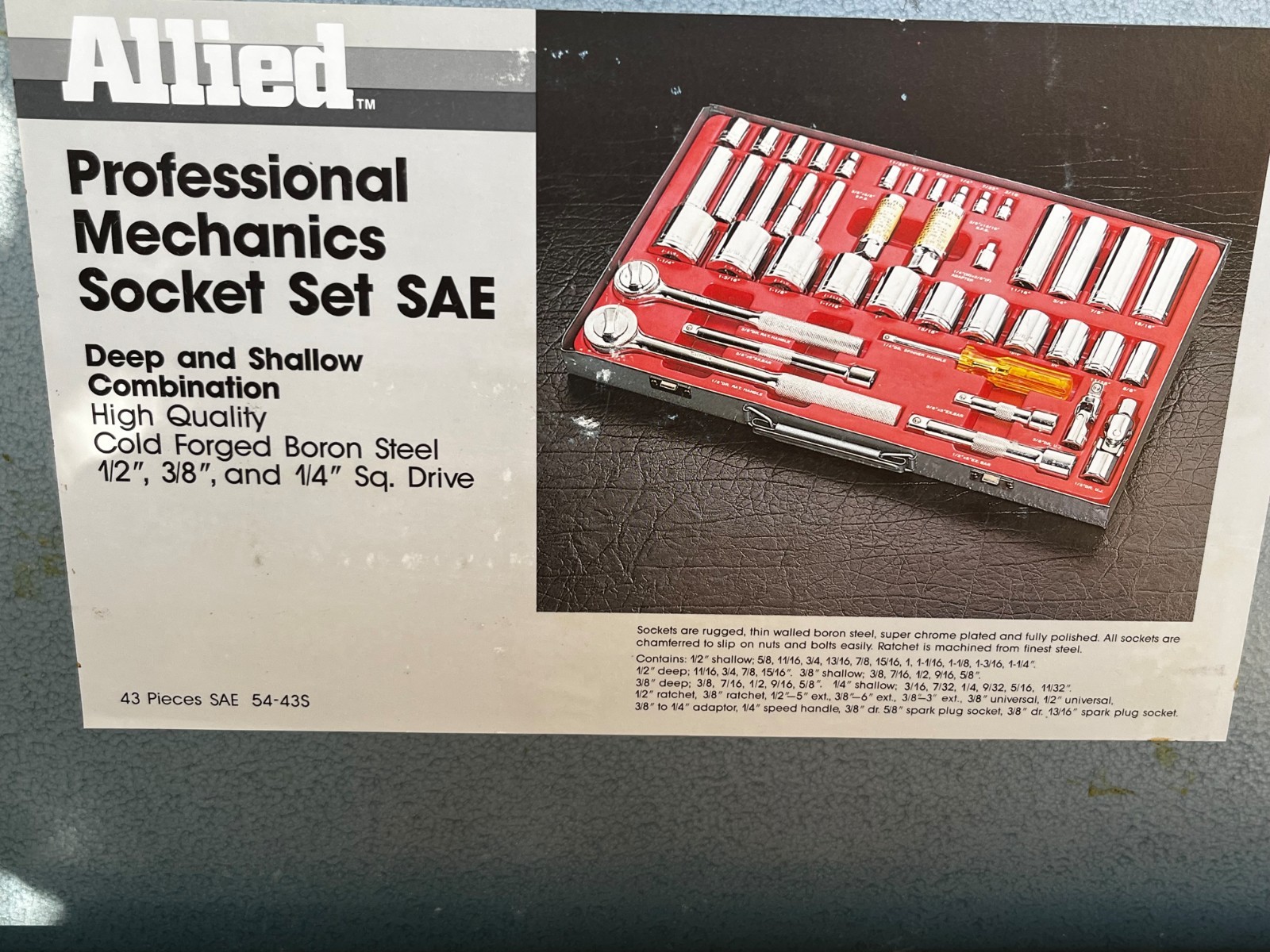 socket set sae 43-PCS, 1/2, 3/8 AND 1/4″ SQUARE DR. LARGEST SOCKET = 1 & 1/4″