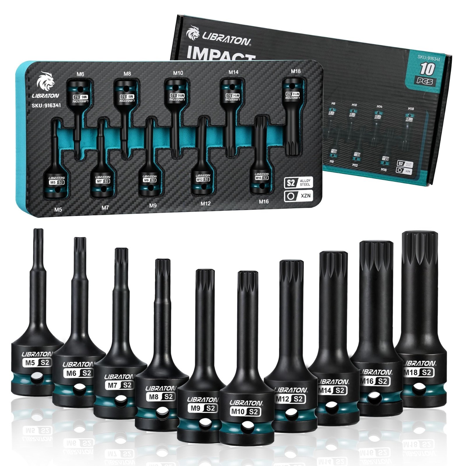 10PCS Triple Square Spline Bit Socket Set, 1/2″ Drive, S2 Steel, Metric M5-M18,