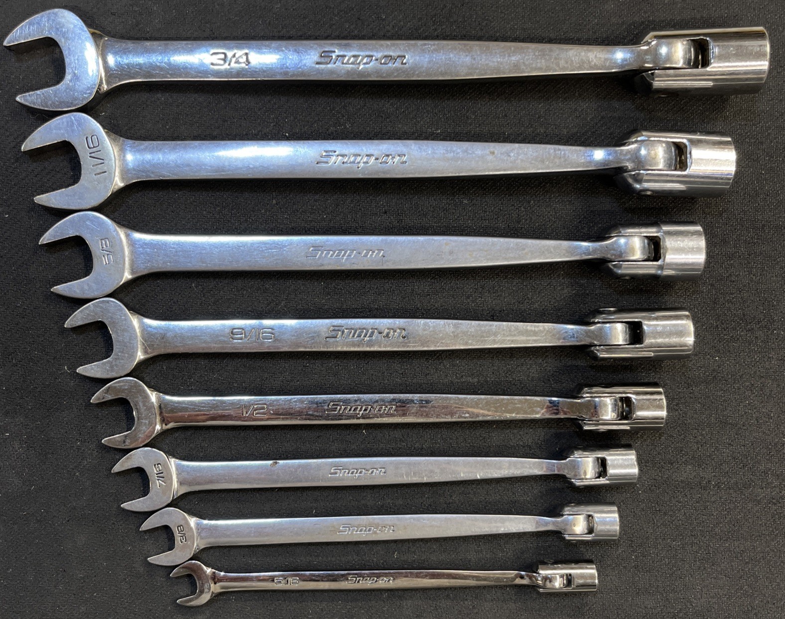 Snap On 7 Piece SAE Flex Head Open End Wrench Set 3/8-3/4 FHO607B With 5/16”