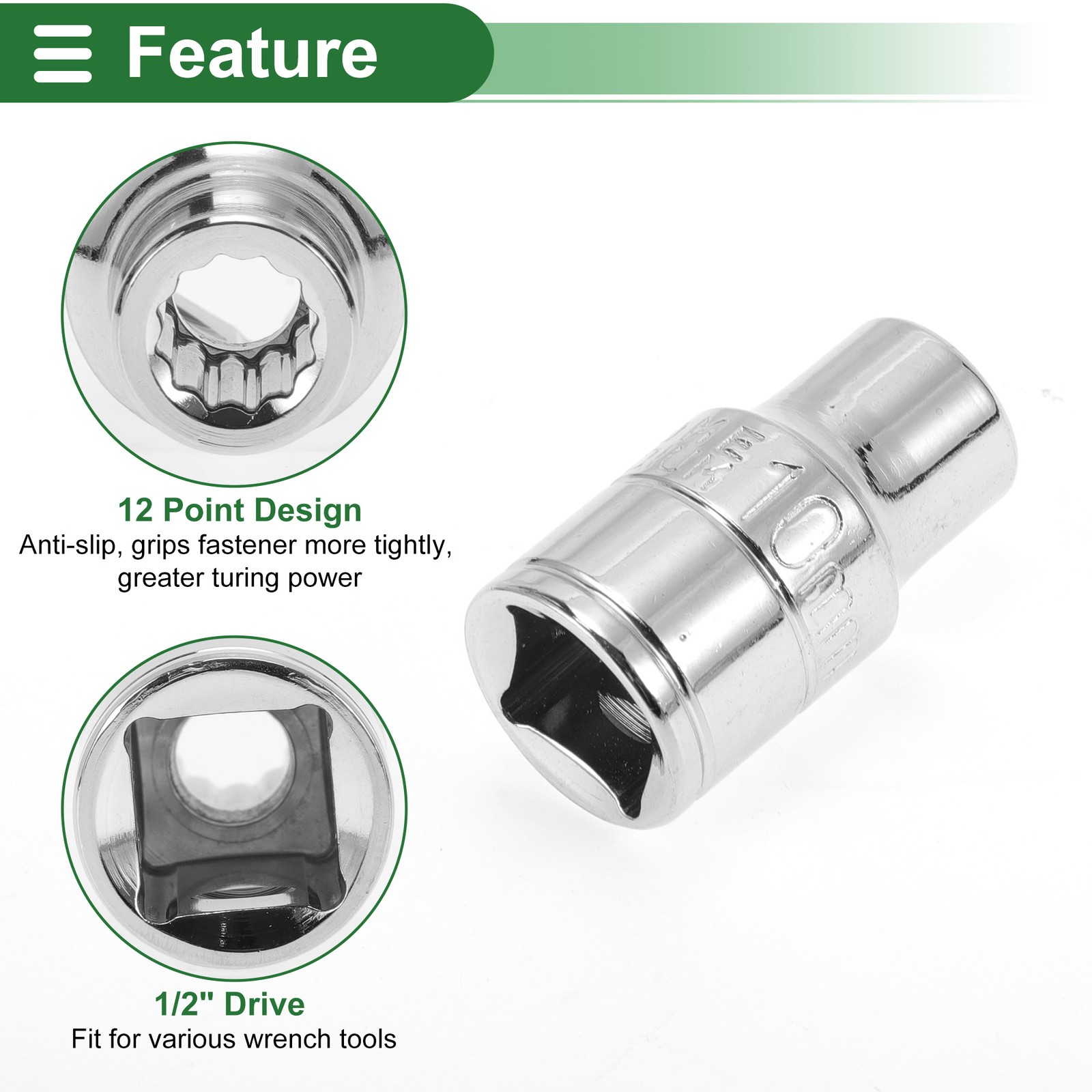 Universal 1/2 Inch Drive Impact Socket 10mm 12 Point Chrome Vanadium Steel 1 Pc