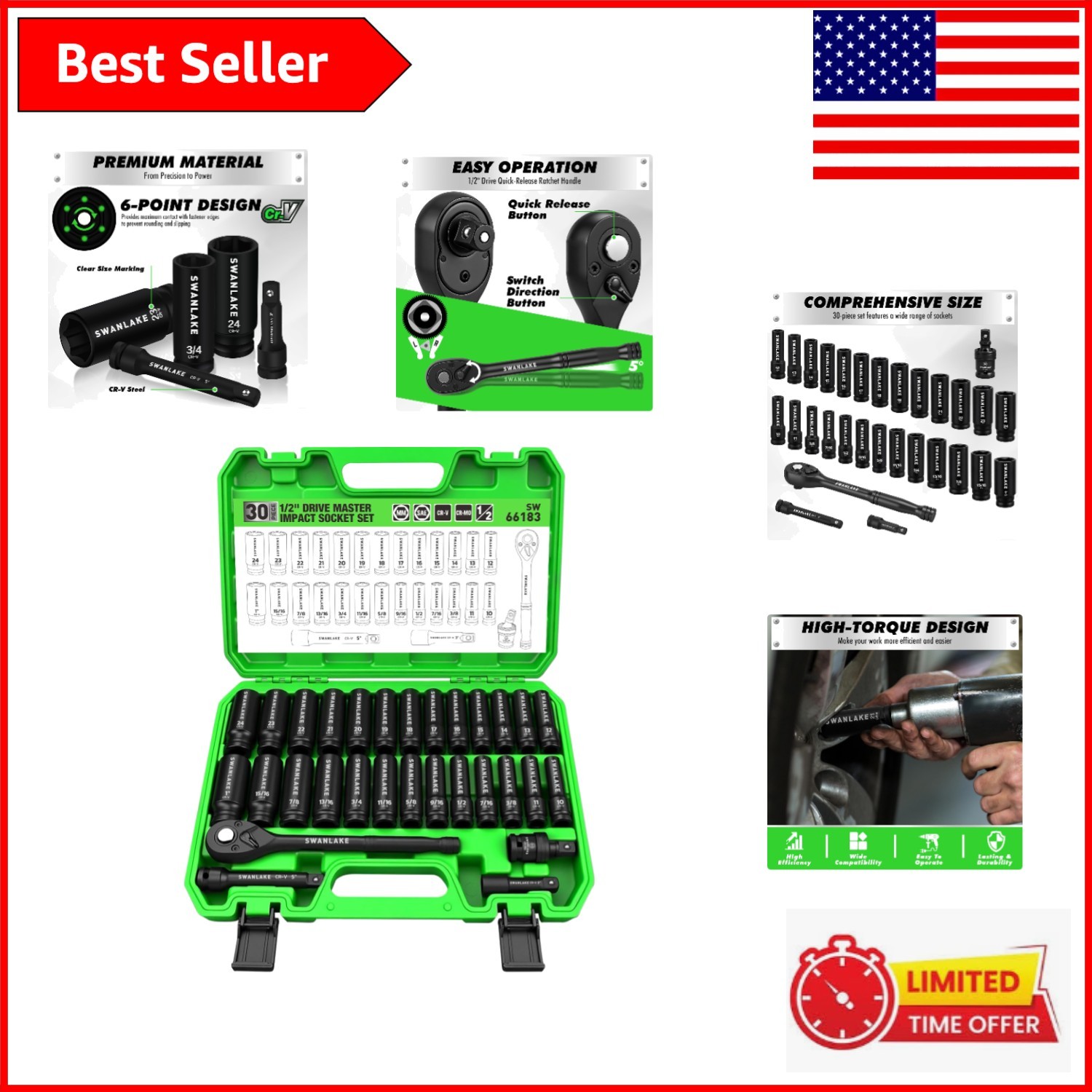 Professional 30-Piece 1/2″ Drive Impact Socket Set with Ratchet Handle & Storage