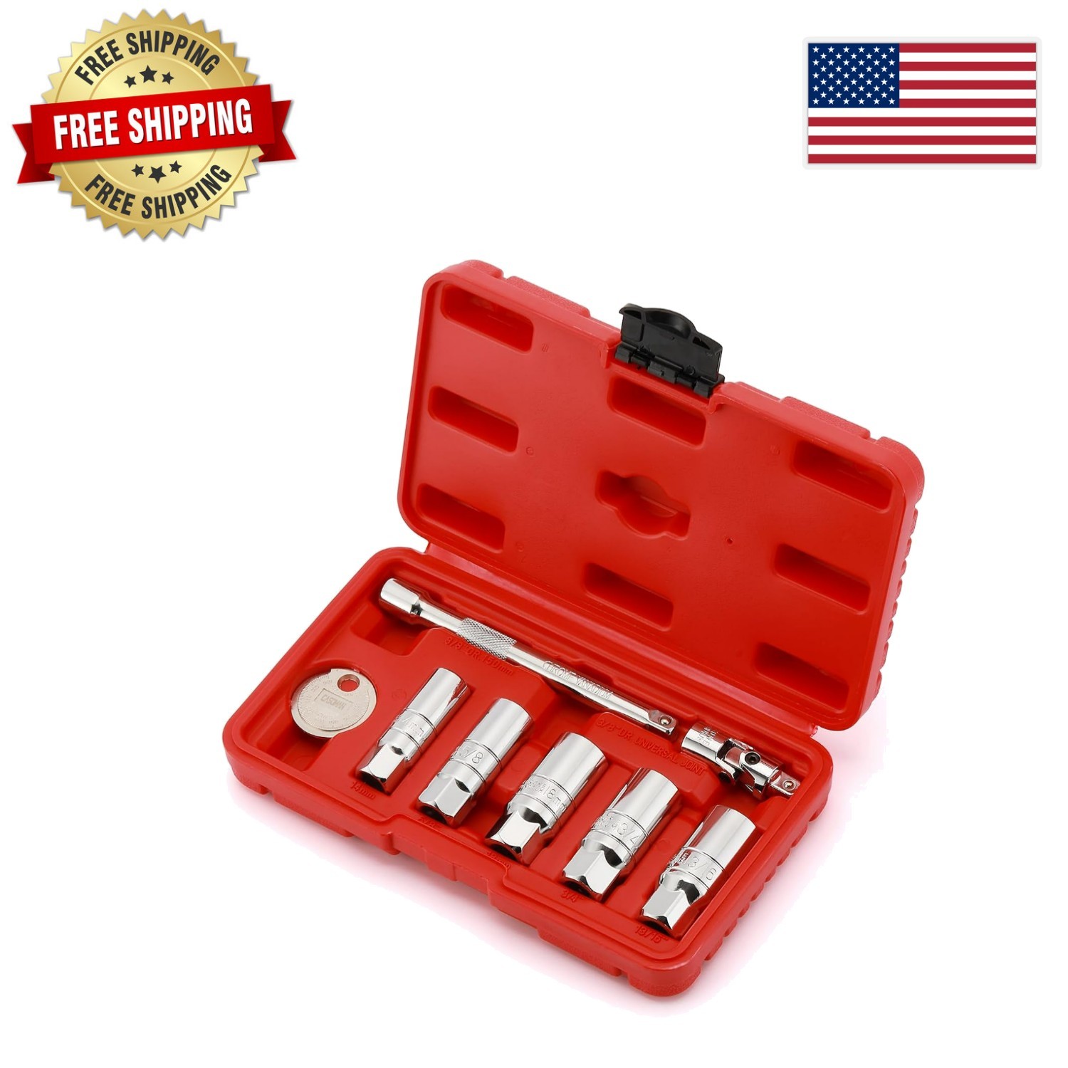 Precision Spark Plug Socket Set with 6-Inch Extension – 3/8-Inch Drive, 8 Pieces
