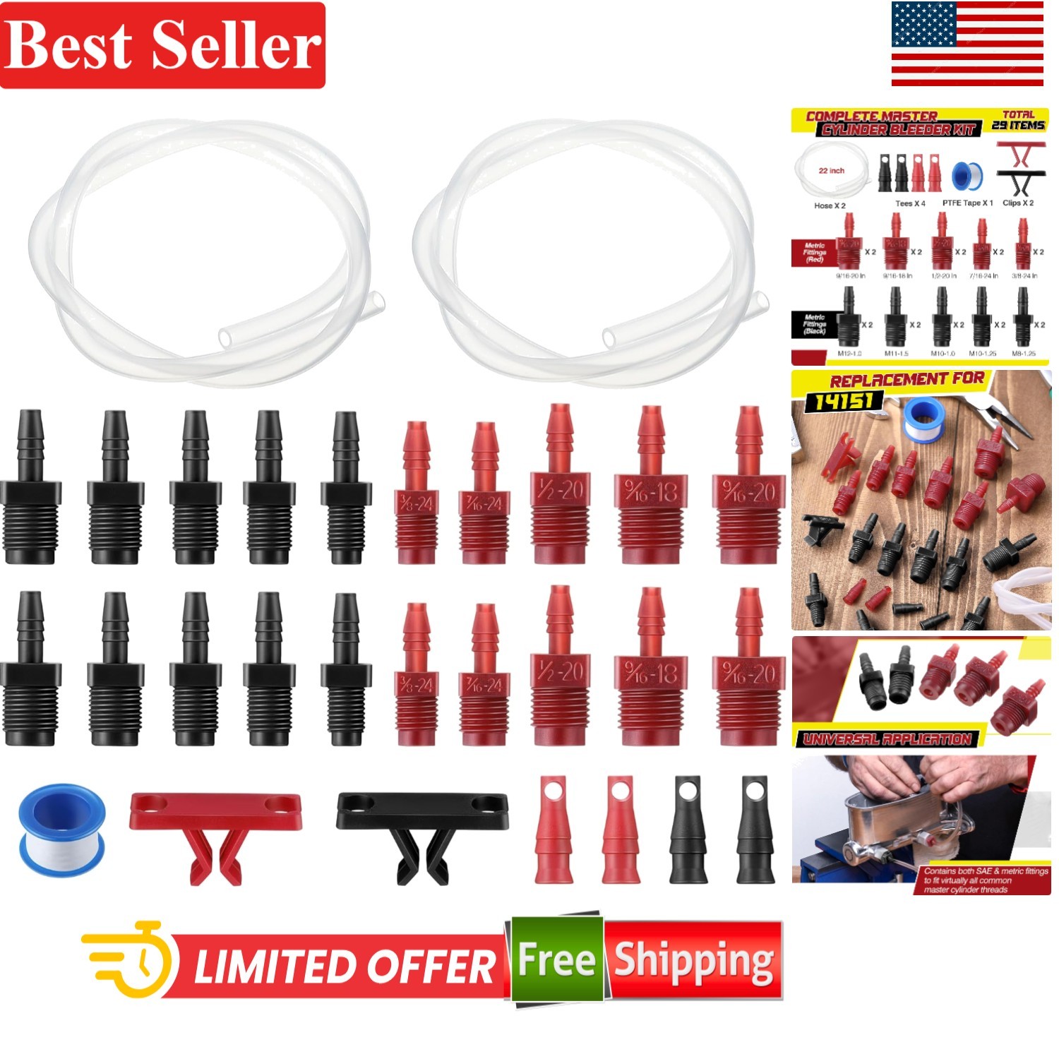Brake Master Cylinder Bleeder Kit with Clear Hoses Fittings 29 pcs