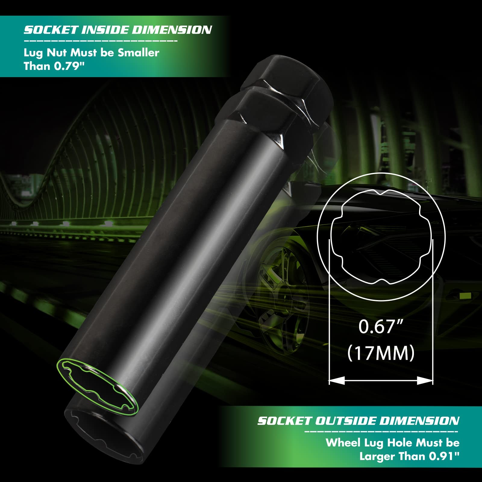 AUTOPTIM 6 Spline Lug Nuts Socket Key – 17mm Hex for 6 Spline, Black