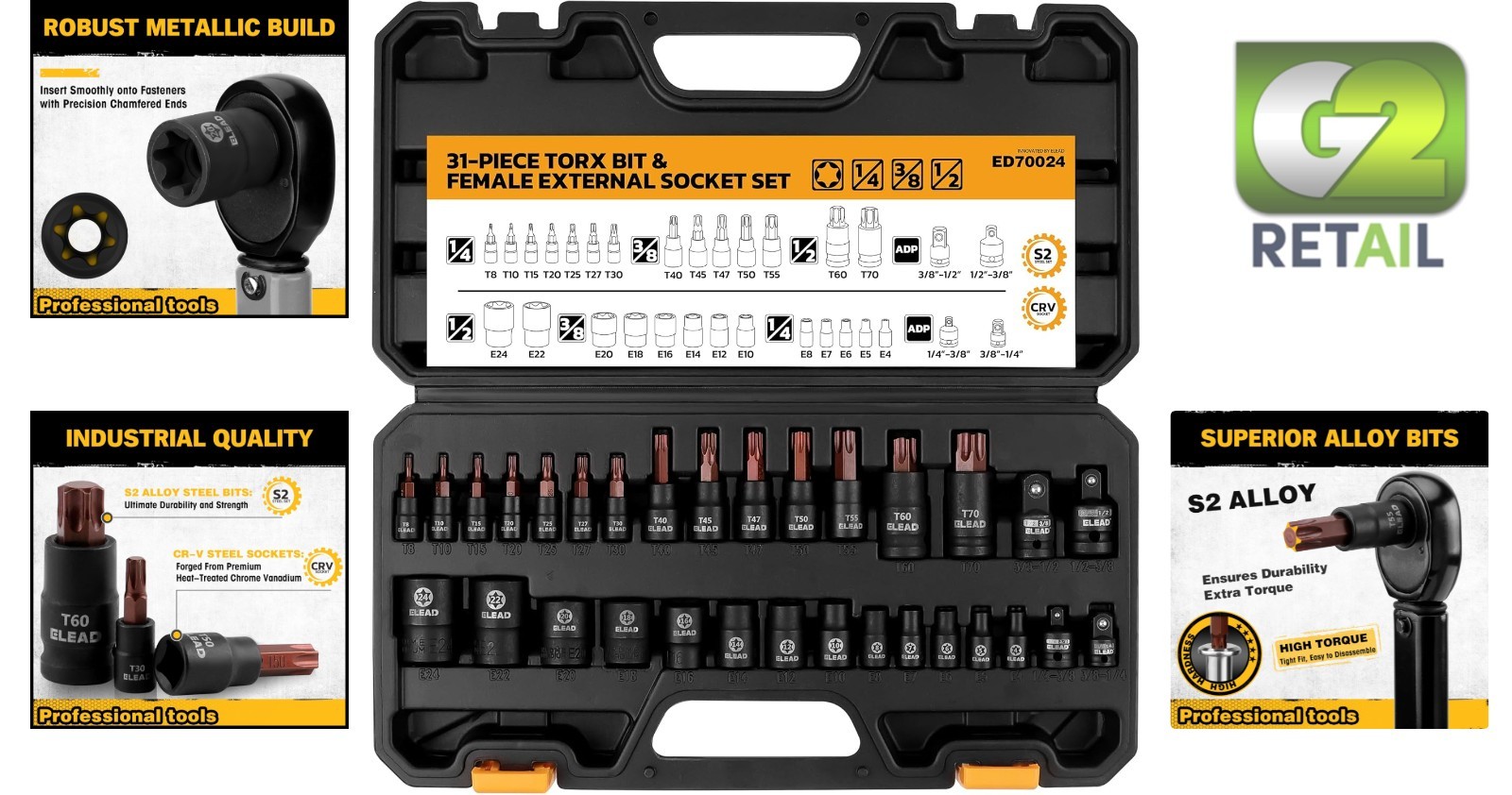 31-Piece High Torque Torx Bit Socket Set with E-Torx and Star Bits for Mechanics