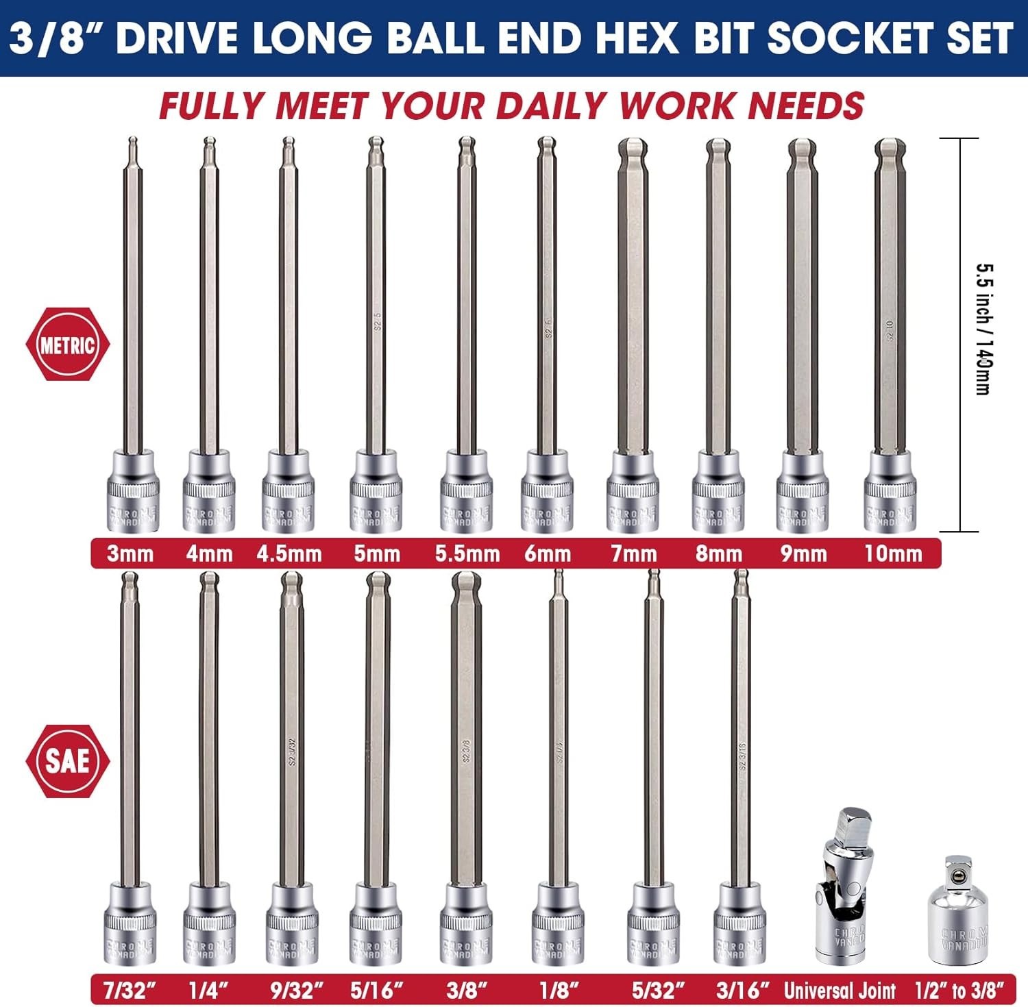 20-Piece Long Ball End Hex Bit Socket Set SAE & Metric 3/8 Inch Drive