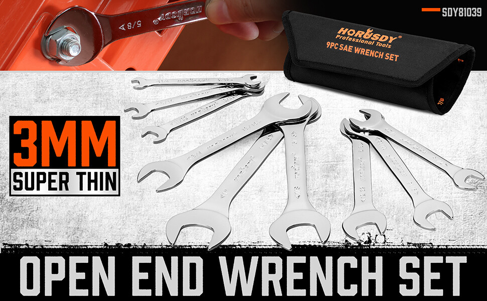 9PC Super-Thin Open End Wrench Set Rolling Pouch SAE Slim Spanner 1/4″-1-1/16″