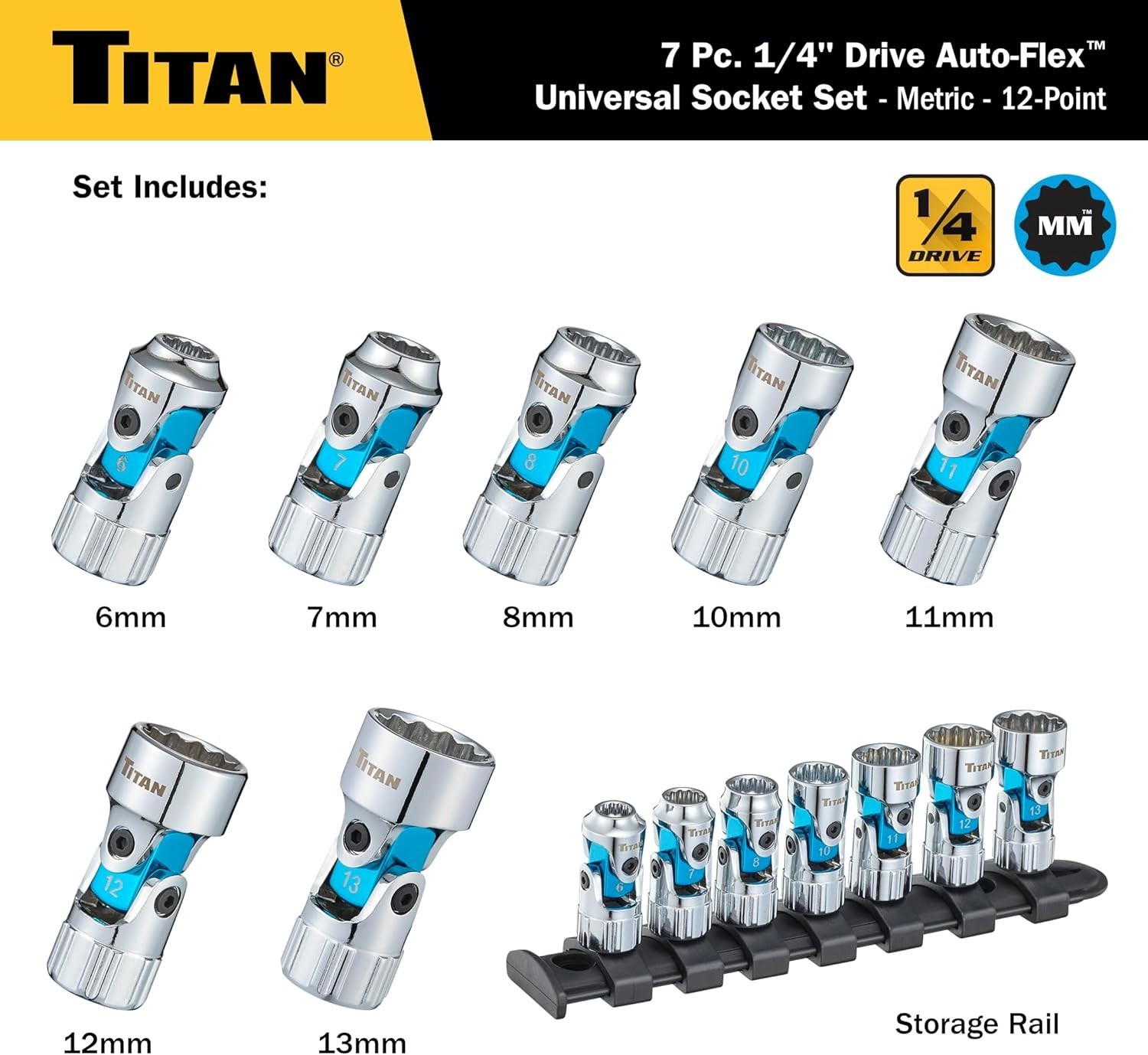 Titan 66840 7-Piece 1/4-Inch Drive Metric Auto Flex Universal Socket Set, 12-Pt