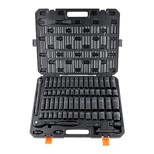 1/2 Inch Drive Impact Socket Set 65 Piece SAE Metric Cr-V Alloy Steel with