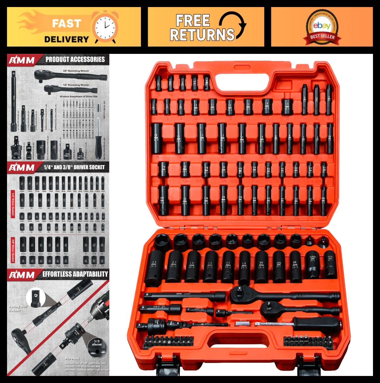 123Pcs Deep & Shallow Socket Set, 1/4” & 3/8” Drive, Metric & Standard, 72T Ratc
