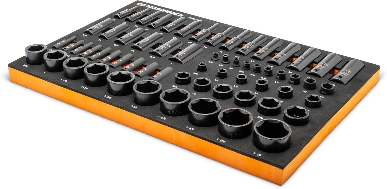 63 Piece 1/4”, 3/8”, 1/2” Drive 6 Point SAE Impact Socket Set in Foam Storage…