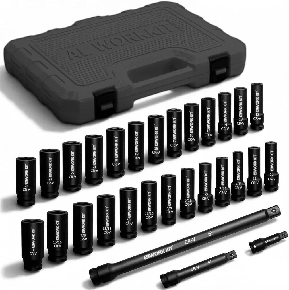 Durable Chrome Vanadium 29-Piece Impact Socket Set with Extension Bars