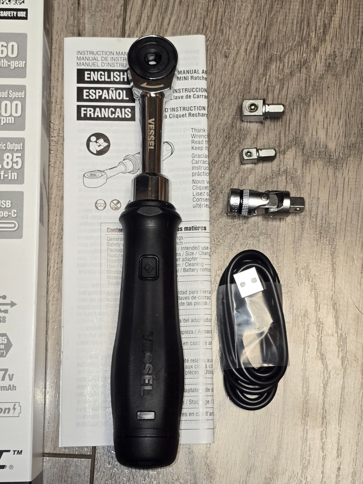 New Vessel E-Assist 1/4 Hex Cordless Ratchet w/1/4″ & 3/8″ dr Adapters #400ER2U