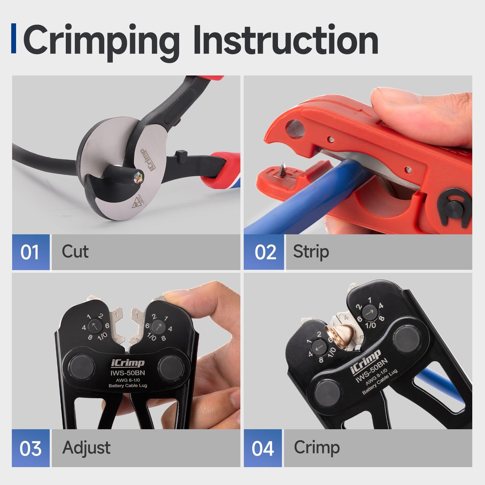 Battery Cable Lug Crimping Tool Kit 8-1/0 AWG 63 Copper Lugs 25 Heat Tubes