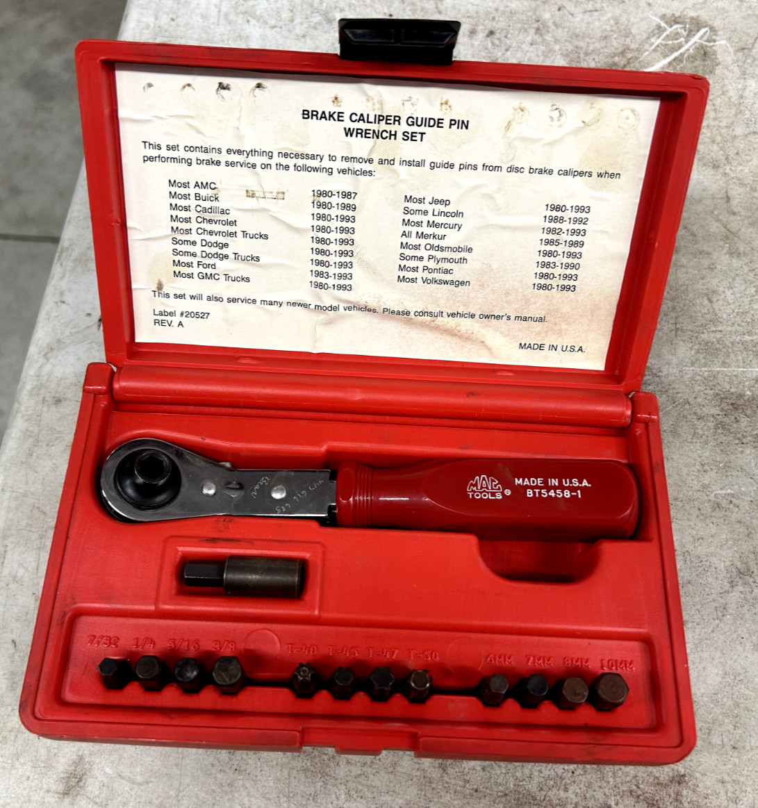 MAC TOOLS BRAKE CALIPER Guide Pin BIT WRENCH SET BT5458 USA