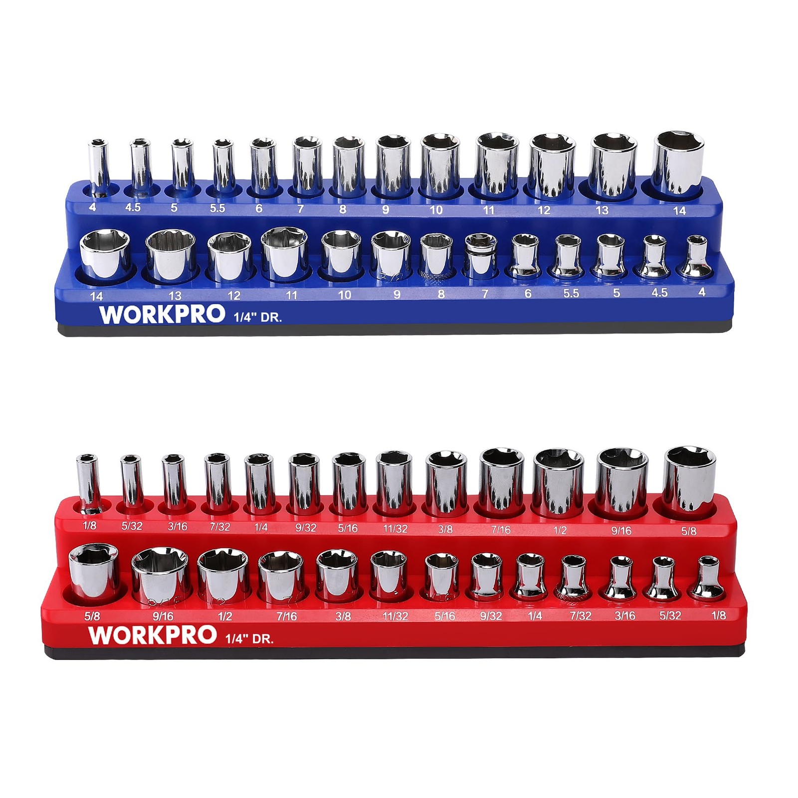 WORKPRO 1/4-inch Magnetic Socket Organizer Set, 2-Piece SAE & 1/4″ SAE&Metric