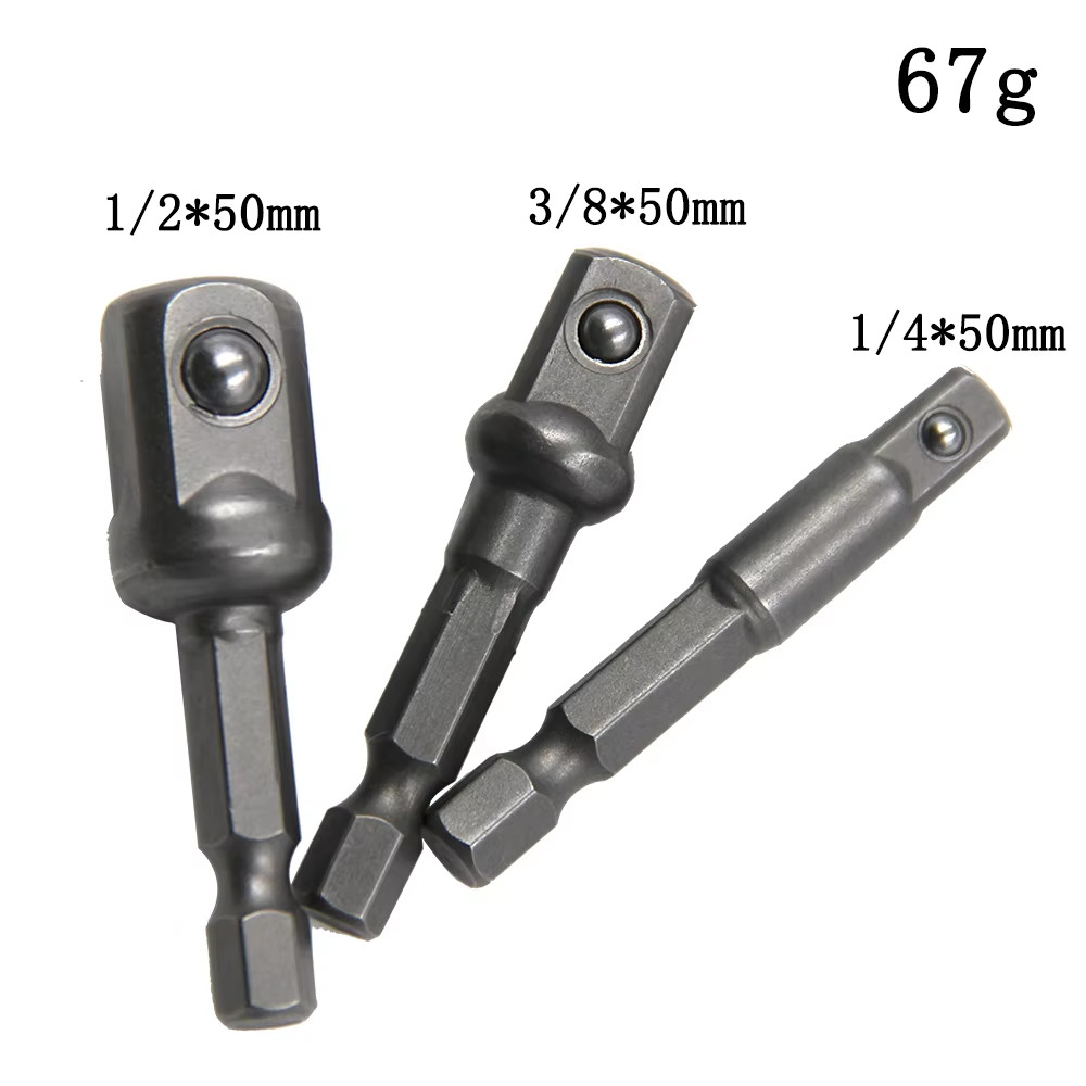 3PC 50mm HEX SHANK DRILL BIT TO 1/4 1/2 3/8 INCH SQUARE DRIVE SOCKET ADAPTOR SET