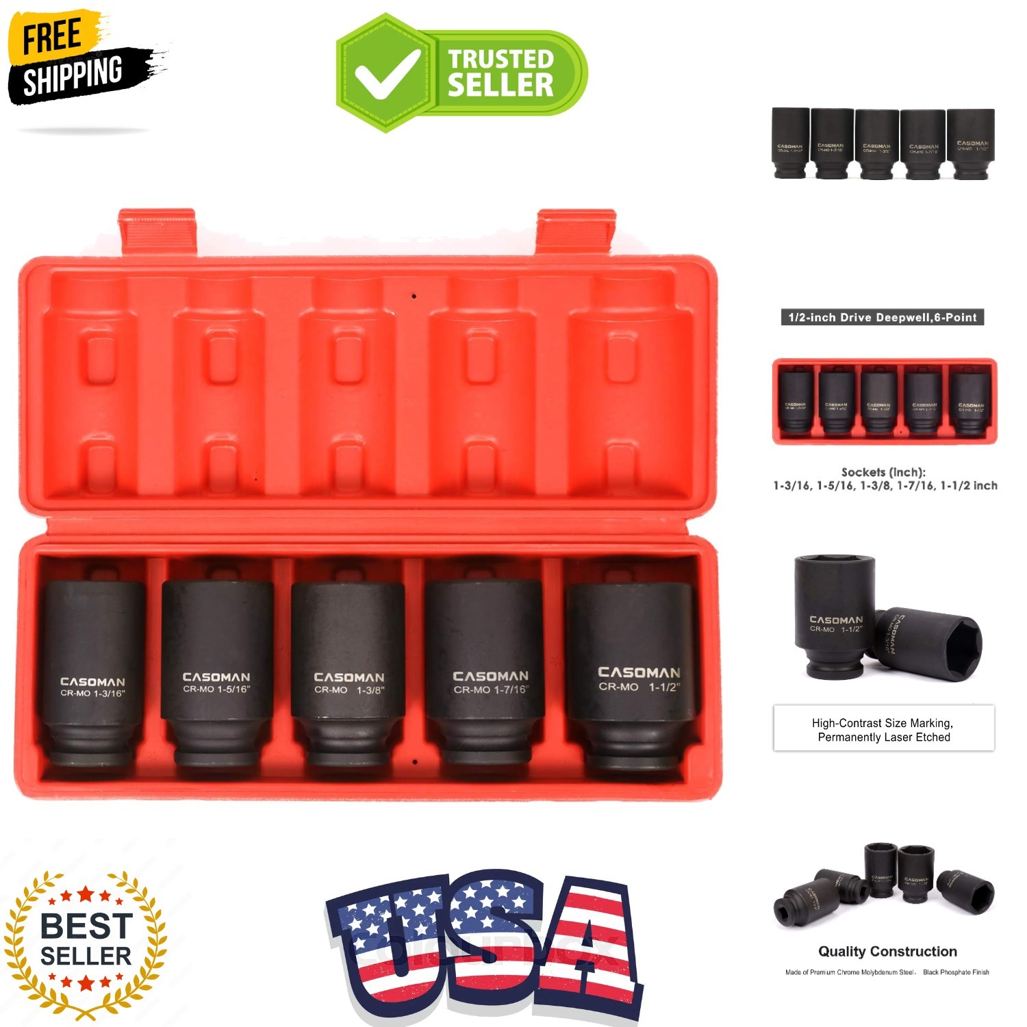 1/2-Inch Drive Deep Spindle Axle Nut Impact Socket Set, 1/2″ Drive Deep Impac…