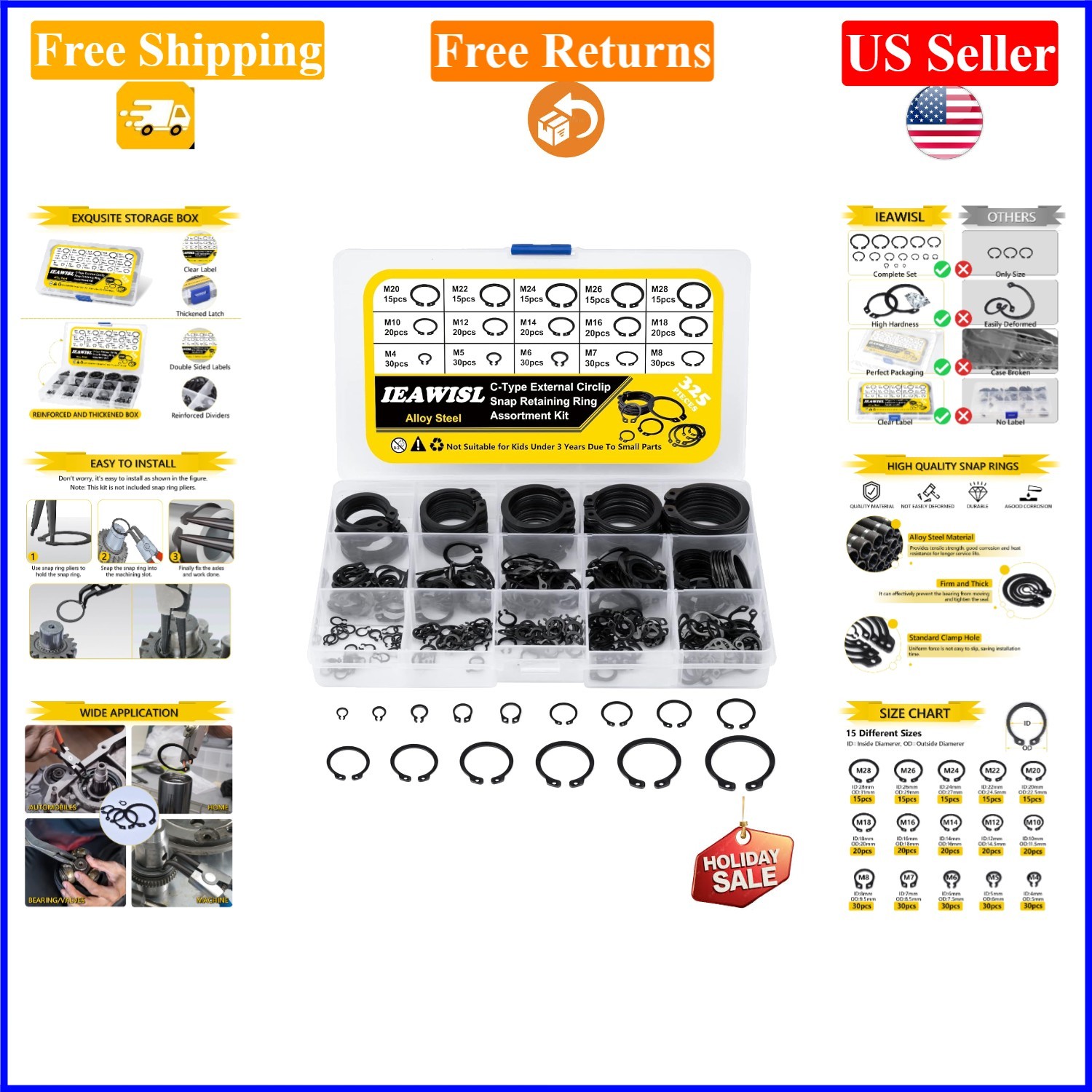 325Pcs Alloy Steel Snap Ring Set, 15 Sizes, C-Clips for Machines & Auto