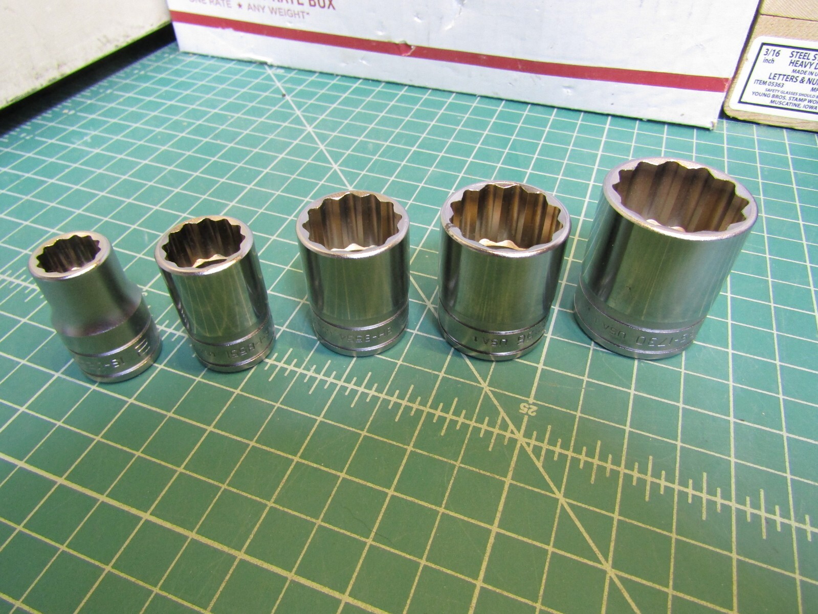 Lot of 5 CAT Sockets, NEW all ½” Drive, Standard Sockets 12 pt, 1 – ½” # 1S-0259