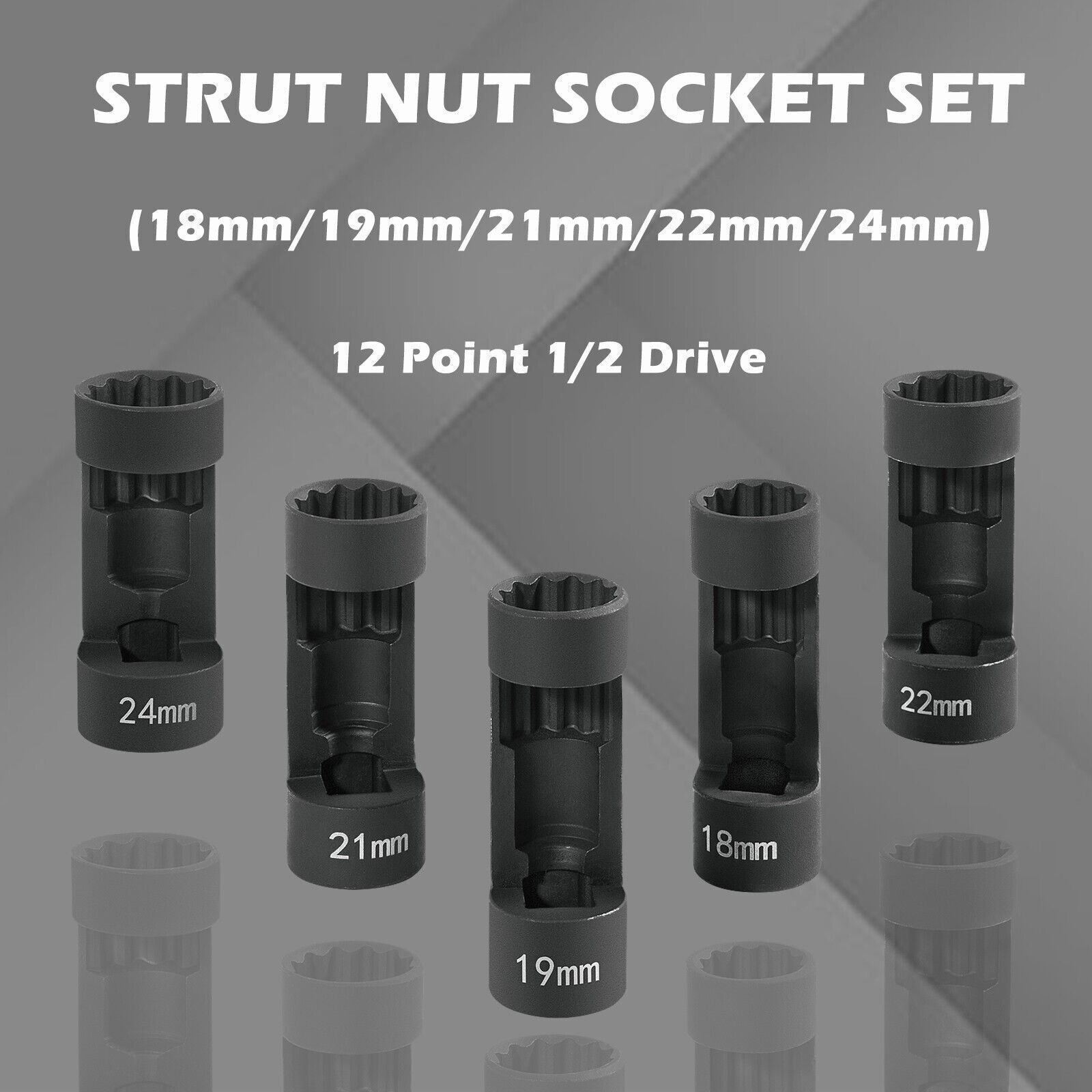 5Pcs Easy Remove Strut Nut Socket Tools Kit with 12 Point 1/2inch Square Drive