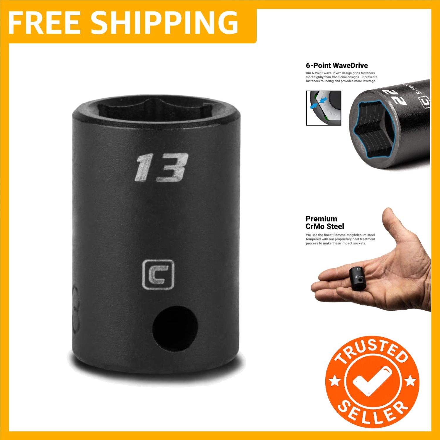13 mm Shallow Impact Socket, 3/8-Inch Drive, 6-Point, Metric